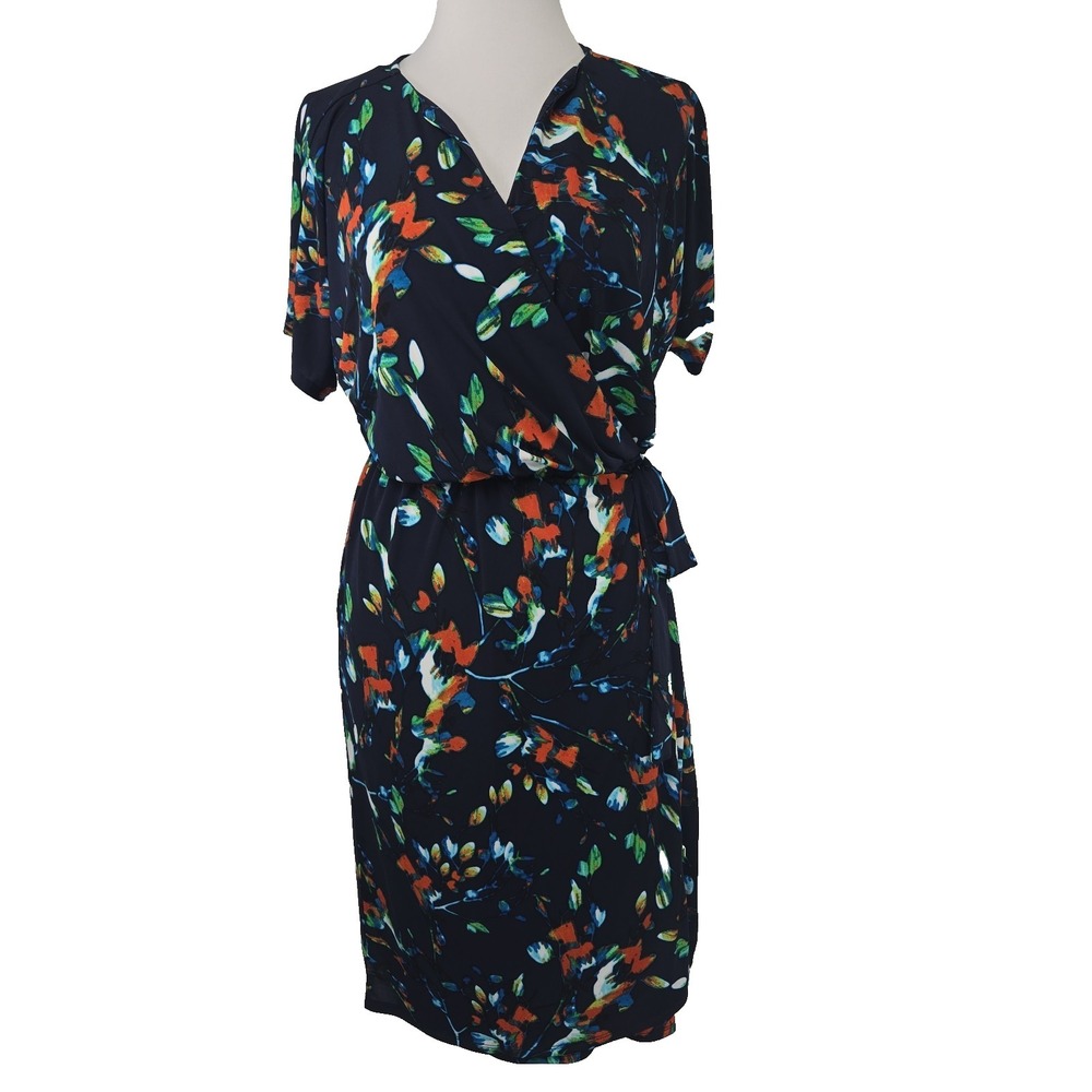 Kenneth‎ Cole Size XS Navy Abstract Print V-neck Faux Wrap Stretch Knit Dress